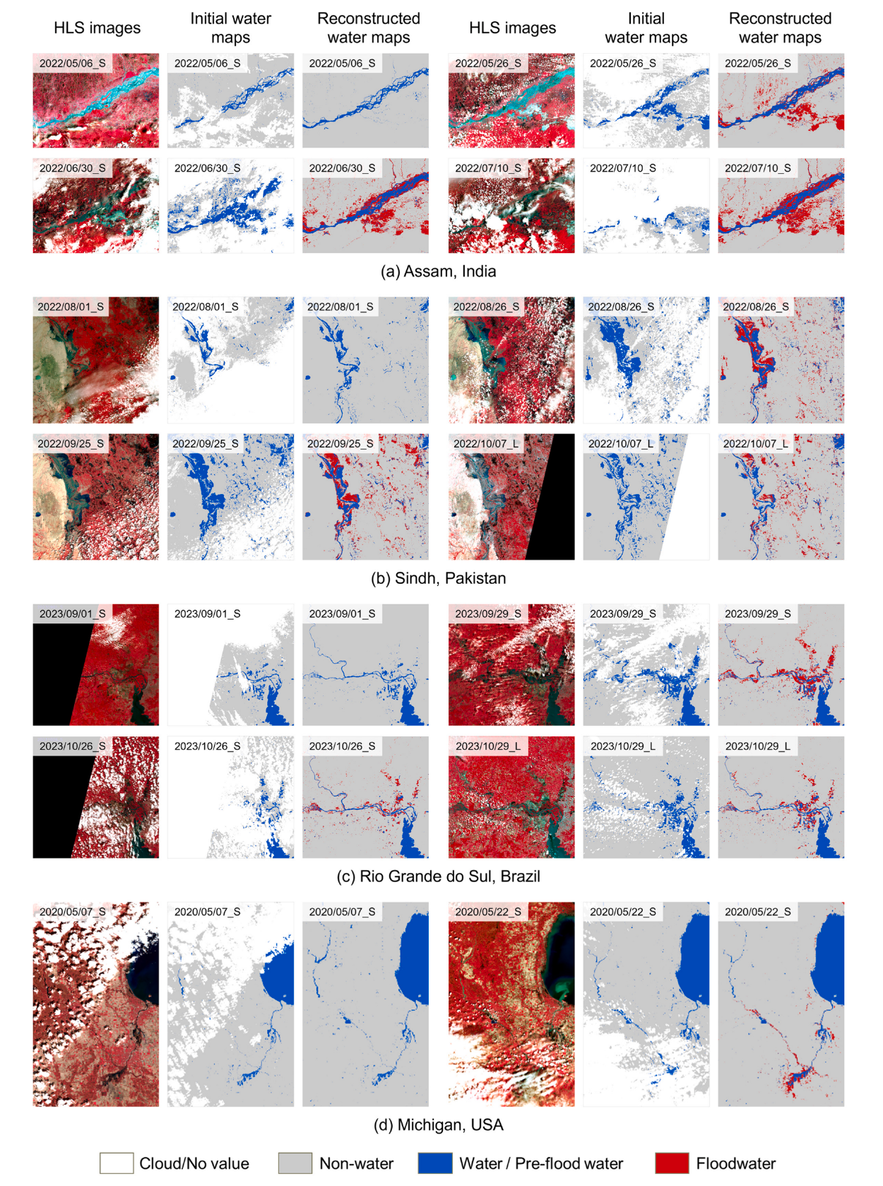 Initial and reconstructed water maps for successive flood observations at four sites