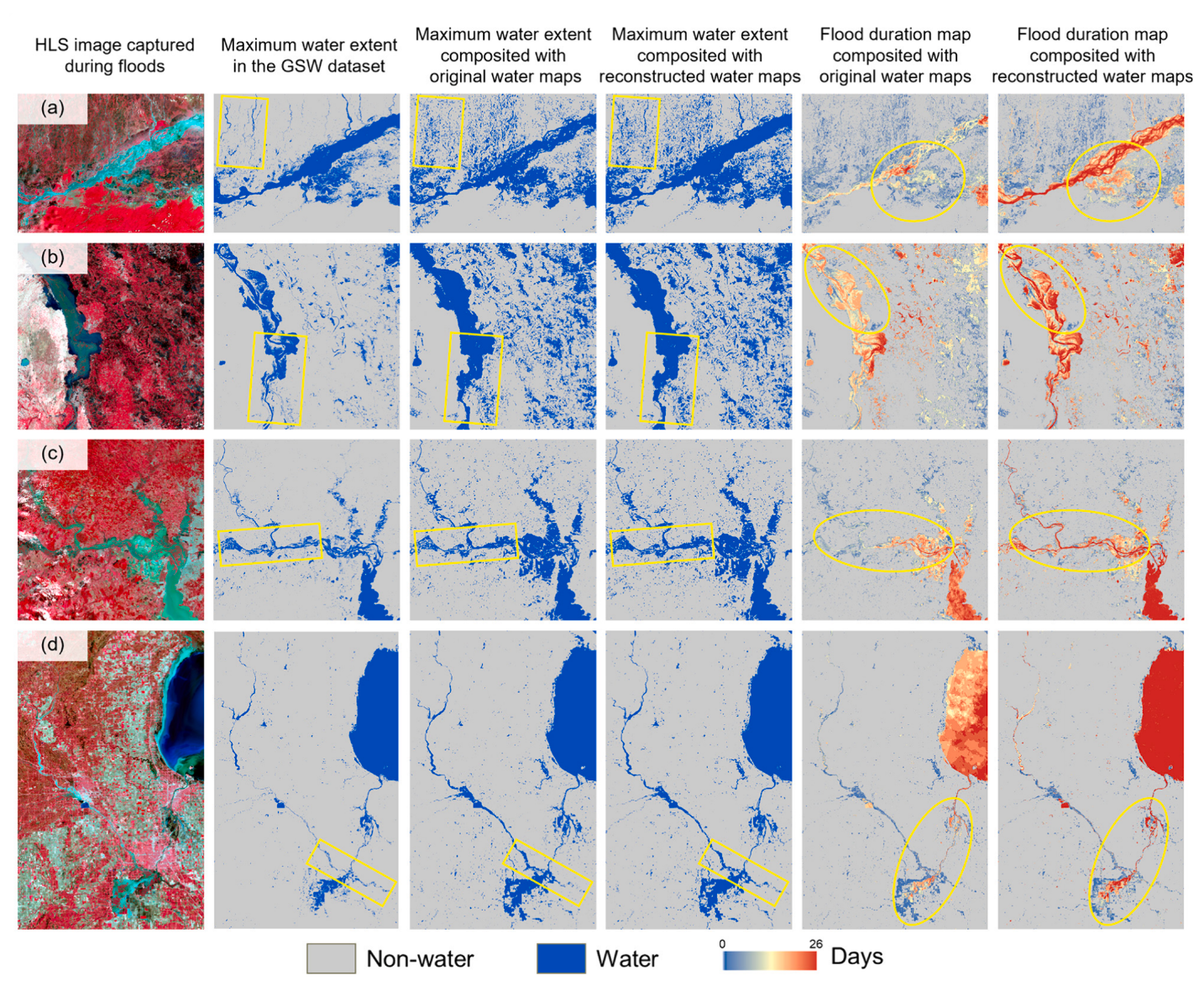 Maximum water extent and flood duration before and after time series reconstruction