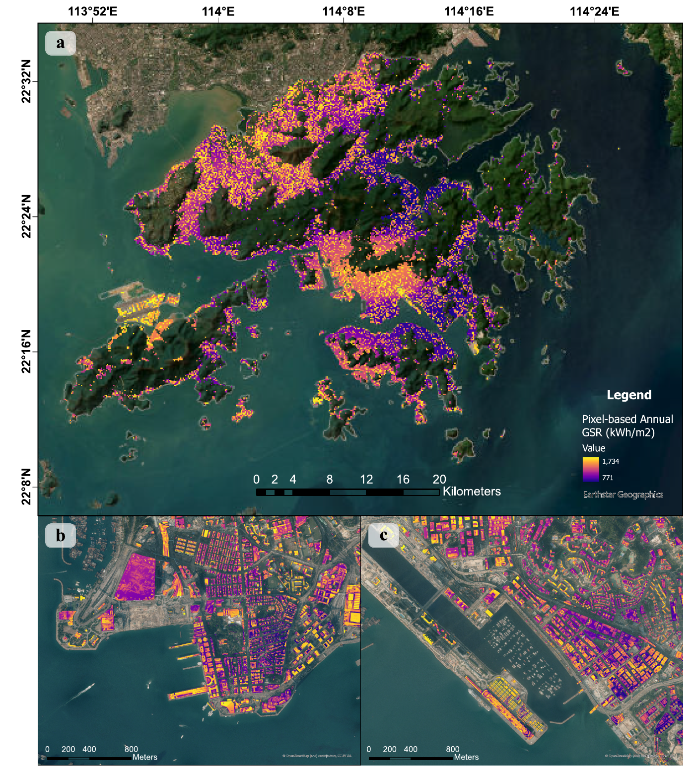 Hong Kong rooftop solar radiation map and detailed urban examples