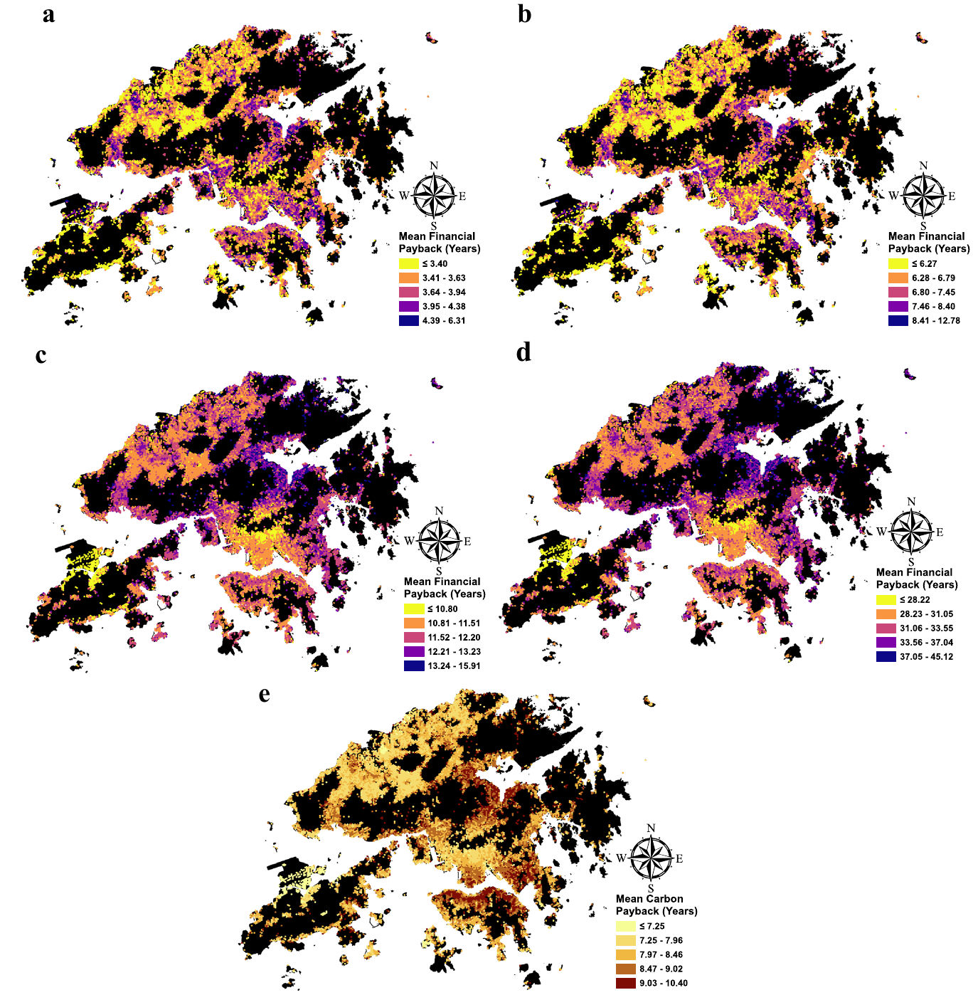 Maps of financial and carbon payback periods under different installation-cost and feed-in-tariff scenarios